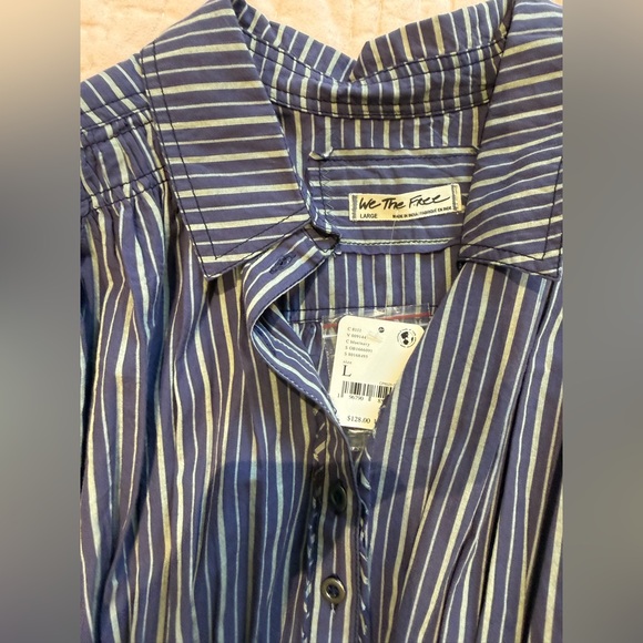 Free People We the Free Long Blue Striped Tunic Top Shirt L Collar NWT - Picture 8 of 15